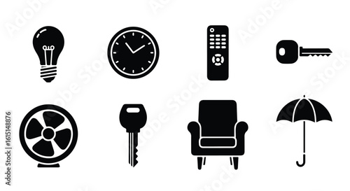 Vector silhouette illustration a collection of black icons including a clock, remote control, key, and armchair isolated on a white background