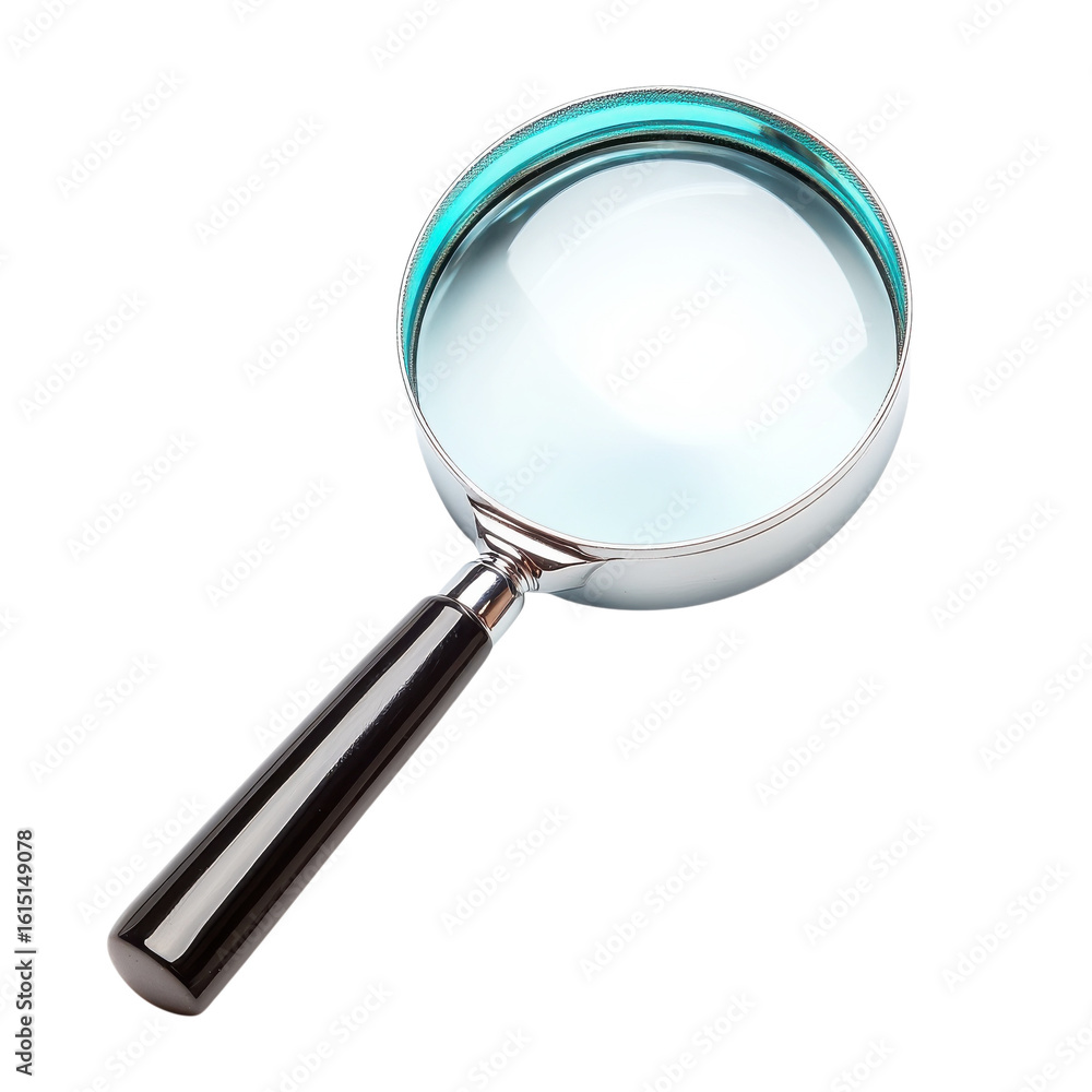 Magnifying glass resting on a white surface offers a clear view of objects and details nearby on transparent background Magnifying glass resting on a white surface offers a clear view of objects and details nearby on transparent background