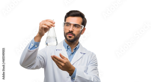 A thoughtful, analytical male scientist holding a bubbling flask, symbolizing scientific research and chemical experimentation on isolated transparent background.