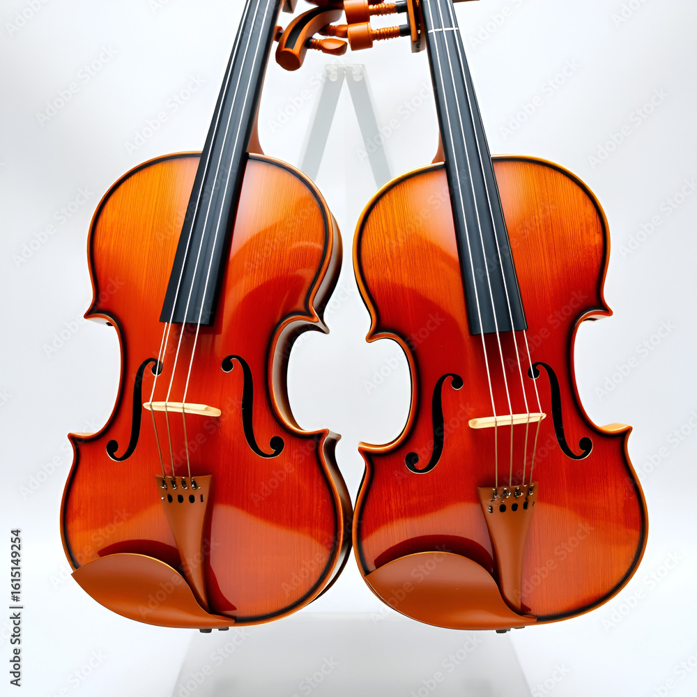Fototapeta premium Realistic close-up view of two polished wooden violins displayed symmetrically against a transparent background, showcasing their intricate craftsmanship and warm tones.