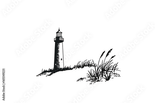 Isolated lighthouse illustration against white background with dune grass providing a minimalist coastal scene for creative designs and artwork