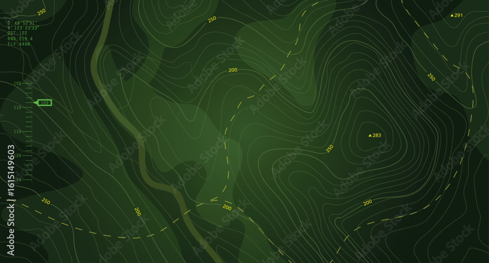 Obraz premium Military-style topographic map with contour lines, elevation data, and coordinates. Ideal for war strategy visuals, navigation design, and tactical planning interfaces. Battlefield top view green UI.
