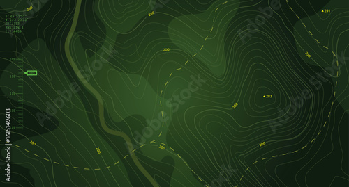 Military-style topographic map with contour lines, elevation data, and coordinates. Ideal for war strategy visuals, navigation design, and tactical planning interfaces. Battlefield top view green UI.