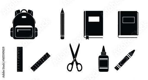 Vector silhouette illustration assorted stationery and school supplies, featuring a pencil, scissors, glue bottle, ruler, and notebook for creative tasks
