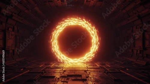 A mesmerizing vortex of fiery energy radiates from a central point, casting an enchanting glow within a futuristic, industrial chamber, showcasing the interplay of light and shadow.