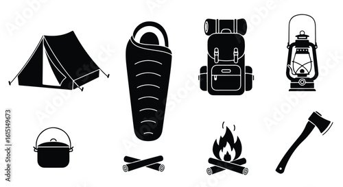 Vector silhouette illustration a collection of essential camping gear, including a sleeping bag, backpack, and campfire, perfect for outdoor adventures
