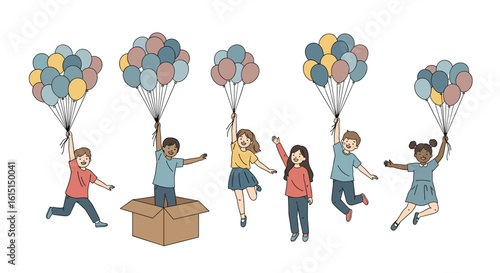 Children joyfully releasing colorful balloons into the sky celebrating childhood dreams and boundless imagination