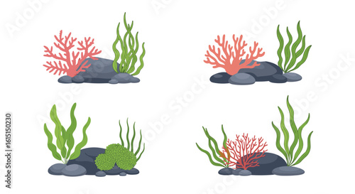 Four distinct pixel art illustrations depict underwater scenes featuring marine flora and fauna with rocks providing a natural habitat for aquatic life and ecosystems