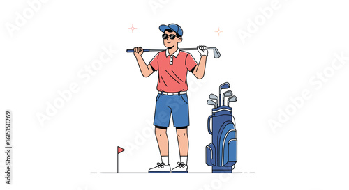 Young male golfer holding club and ready to play a round of golf on the course
