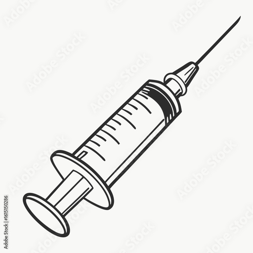 Vector art of a black and white drawing of a syringe isolated on white background