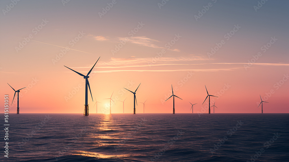 Obraz premium Offshore Wind Farm at Sunset with Pink Sky and Calm Sea During Golden Hour, Offshore windfarm during sunset, offshore wind farm with horizon