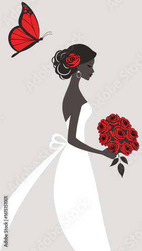Vector art of silhouette of a bride in a white dress holding a bouquet of roses