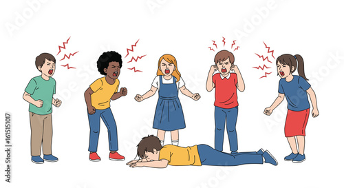 Children arguing and one child lying on the ground feeling sad after a conflict