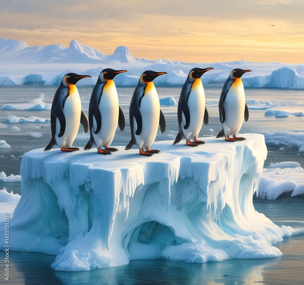 Obraz premium Group of penguins standing on melting iceberg, surrounded by cold ocean water, global warming, polar wildlife in danger, climate change impact