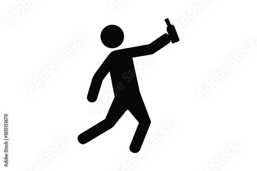A black silhouette of a person holding a bottle and appearing to dance or celebrate isolated on white background silhouette