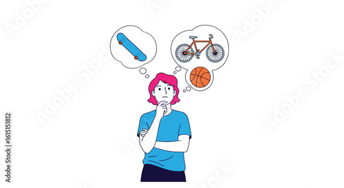 A person contemplates between choosing a skateboard a bicycle and a basketball for outdoor recreational activities