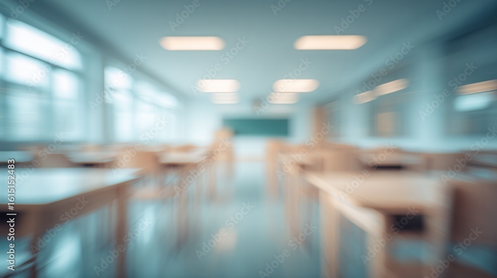 Fototapeta premium Blurred Empty Classroom Interior with Desks and Windows