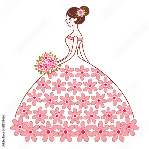 Vector art of a bride in a floral dress holding a bouquet, isolated on white background