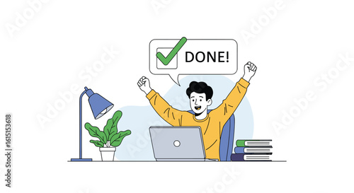 Achieve your goals celebrate success with an excited person at a desk working on a laptop