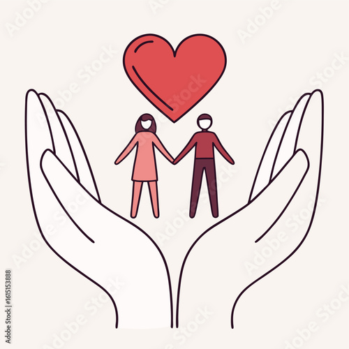 Vector art of hands holding a couple under a heart, representing love and protection