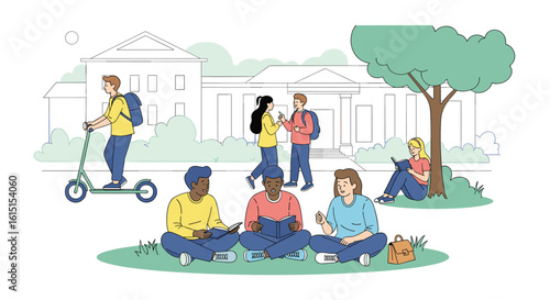 Students enjoying a pleasant afternoon outdoor school campus activities and socializing together on the grass