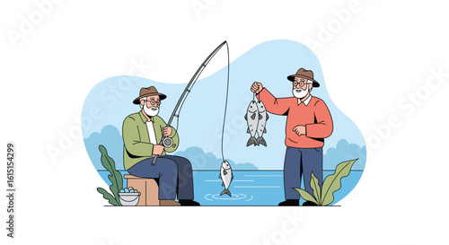 Two men enjoy a peaceful day of fishing by a calm lake surrounded by nature and greenery