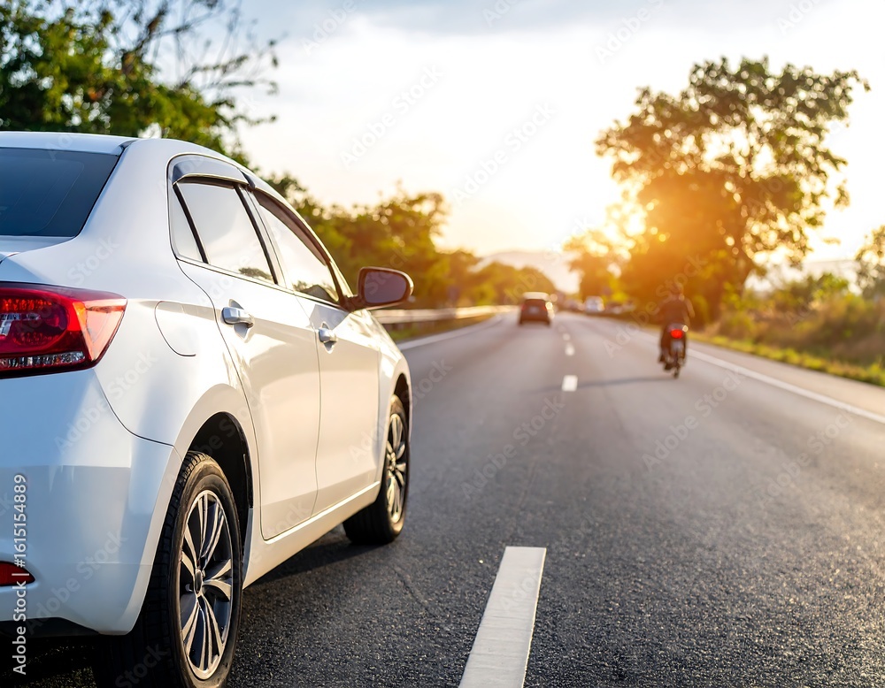 Fototapeta premium White car on a highway at sunset