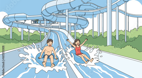 Exciting summer fun sliding down a water park slide with splashing water and green trees under a bright blue sky