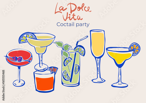Set of hand-drawn whimsical illustrations of cocktails, alcoholic daiquiri, mojito, mimosa  in ink doodle style. Hand-drawn collection of drinks. Italian Aperitif Drink Collection. Doodle Style. 
