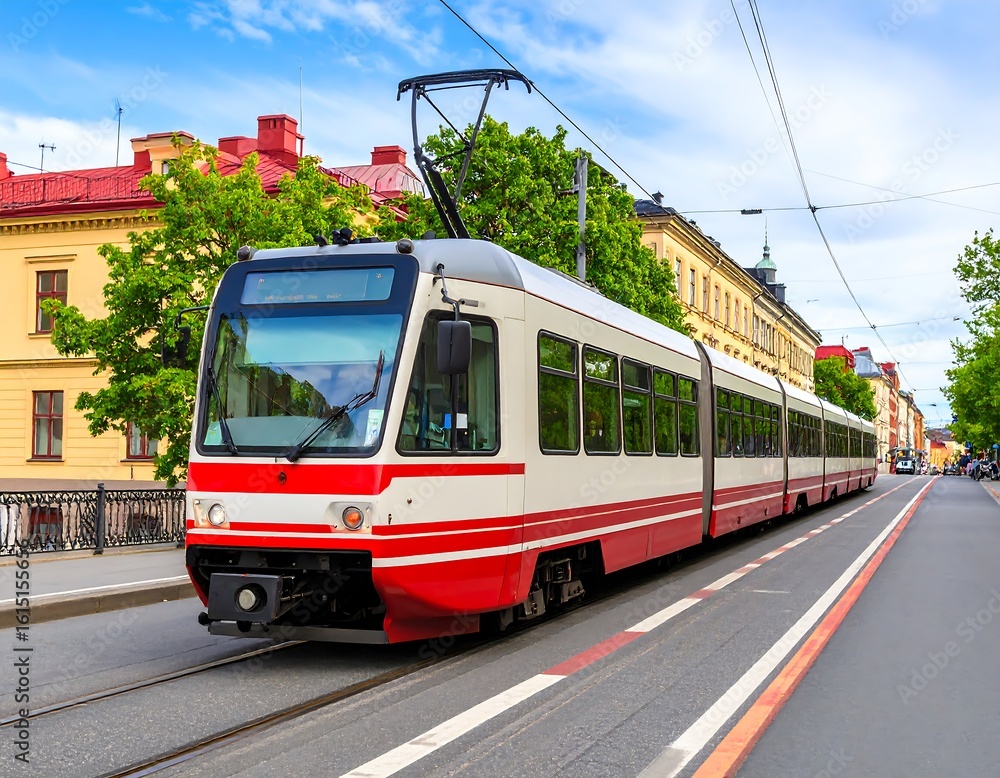 Naklejka premium Tram on city street, sunny day