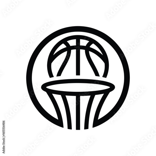 Basketball Vector, basketball Logo, Graphic representation of a basketball going through a hoop in a circular frame silhouette