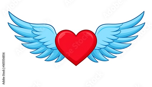 Cartoon illustration of a red heart with blue wings on a white background