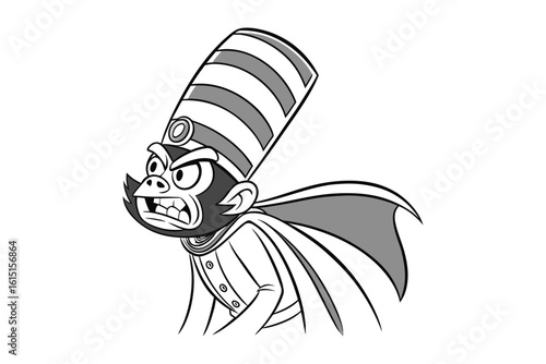 Angry cartoon monkey king character wearing a tall striped hat and cape isolated on white background silhouette