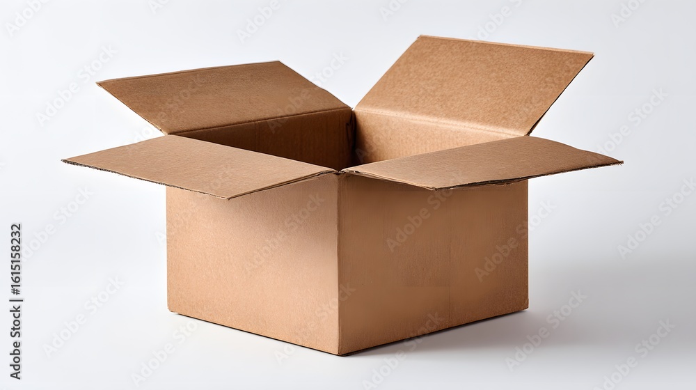Cardboard moving box with open top, no labels, on white surface Cardboard moving box with open top, no labels, on white surface