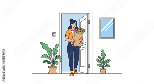 Woman carrying grocery bag enters doorway between plants with window on wall