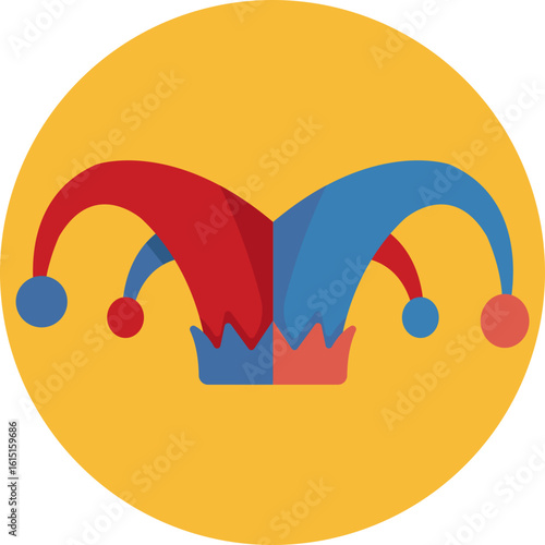 Colorful clown hat with pom-poms, typically worn for performances or parties.