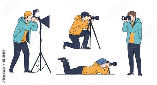 Several photographers capturing images with cameras and professional equipment in various poses