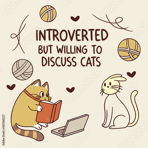 Quirky illustration of an introverted person happily discussing cats featuring a blend of bold colors and playful typography