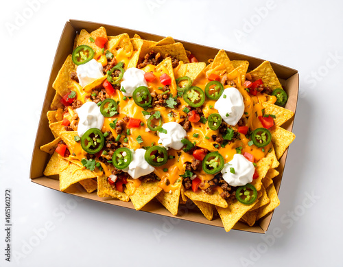 A generous serving of loaded supreme nachos with beef, cheese, and spicy toppings in a takeout box on a white background