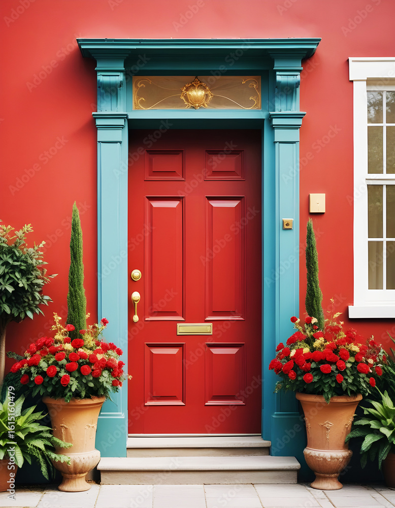 Fototapeta premium Red door adorned with blue lanterns and garland, christmas decorations, holiday lights