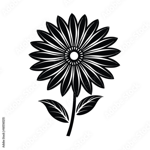 Black and white daisy vector illustration with a floral pattern and leaf elements