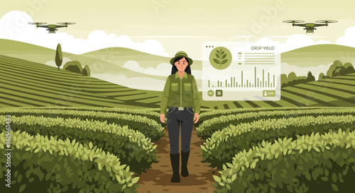 Woman Managing Precision Farming With Drones And Data Visualization