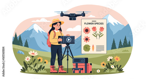 Botanist Capturing Flower Species With Drone Technology In Nature