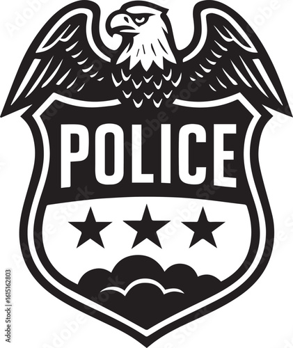 Police badge emblem design with eagle wings stars and clouds in black and white vector illustration