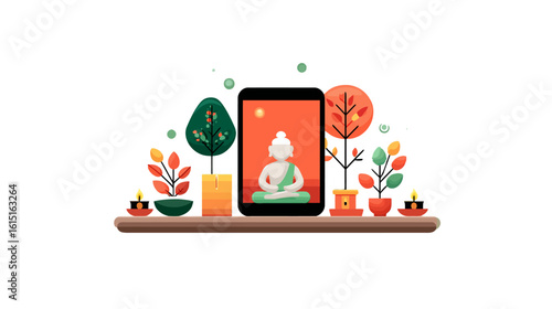 Meditation app technology vector: mindfulness, digital wellness, mobile meditation, zen technology