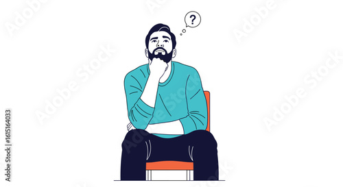 Man sitting and thinking with a question mark above his head illustrating uncertainty and contemplation