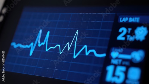 Close up of a blue medical monitor displaying a heart rate graph and lap rate information clearly visible