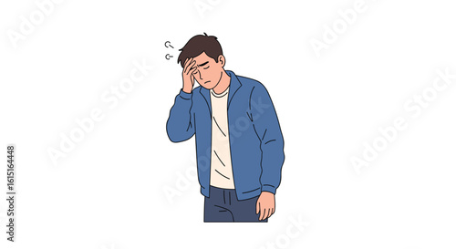 Man feeling unwell with headache and dizziness touching his forehead with a pained expression