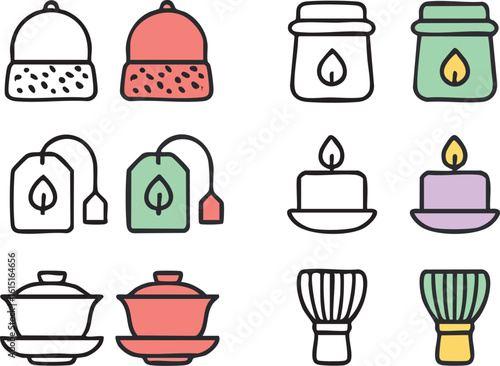 Tea Candle and Tea Utensils Icons Set.
