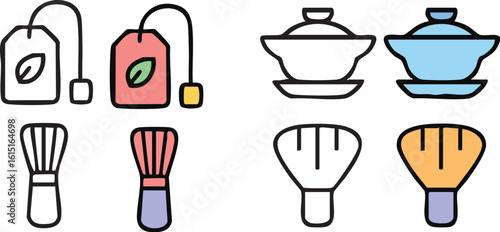 Tea ceremony and brewing accessories vector icon set.